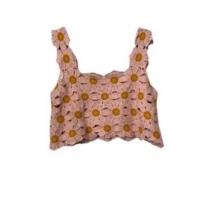 Boho Crochet Floral Cropped Granny Square Top Sz XS S Casual Layering